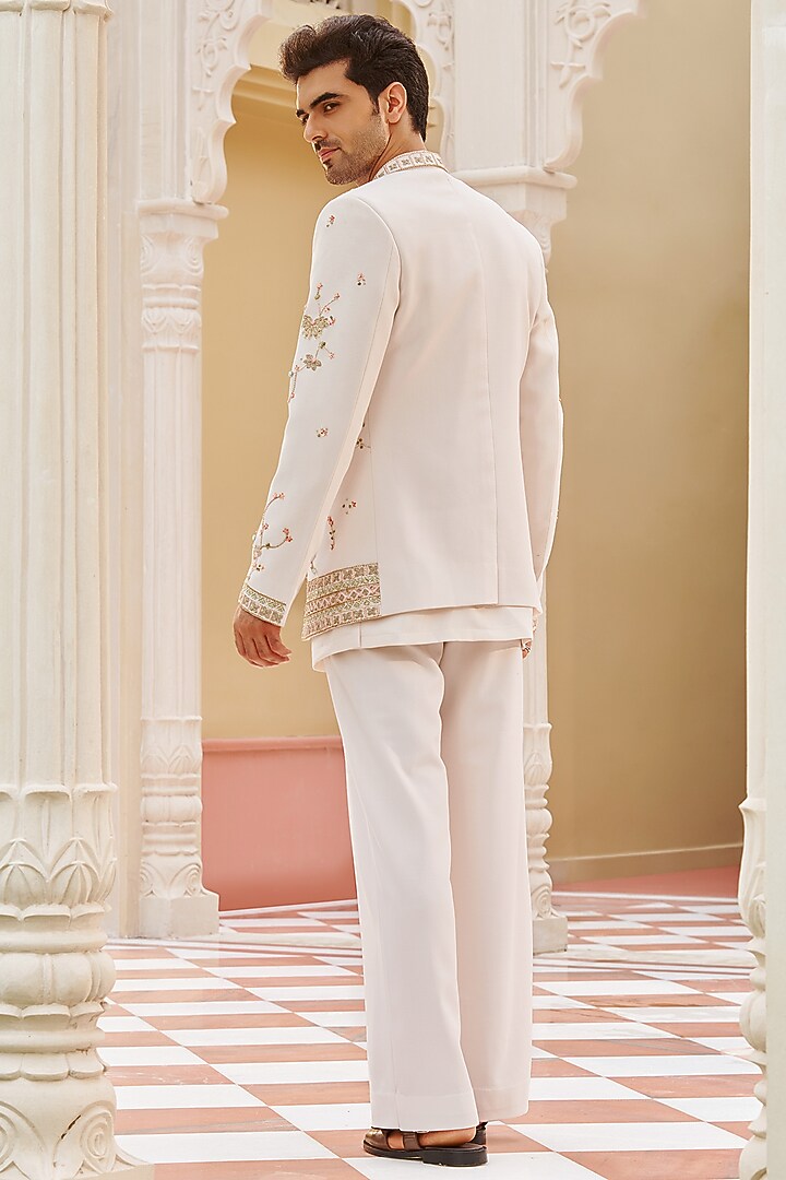 Ivory Twill Suiting Hand & Machine Embroidered Jacket Set by Contrast By Parth at Pernia's Pop Up Shop