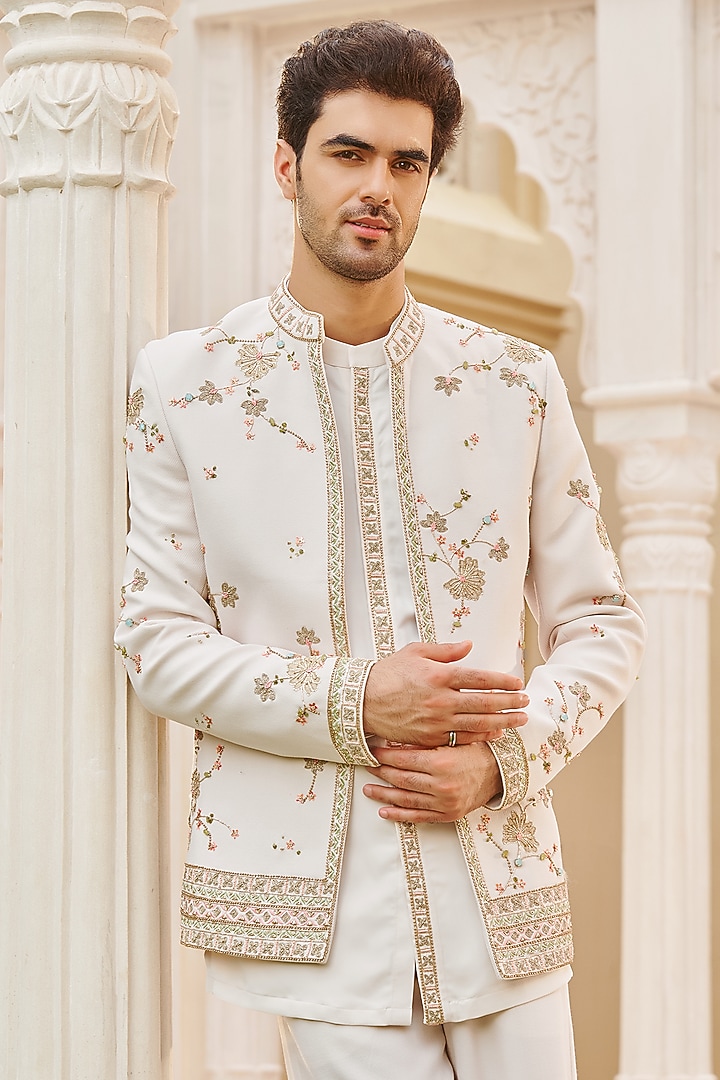 Ivory Twill Suiting Hand & Machine Embroidered Jacket Set by Contrast By Parth at Pernia's Pop Up Shop
