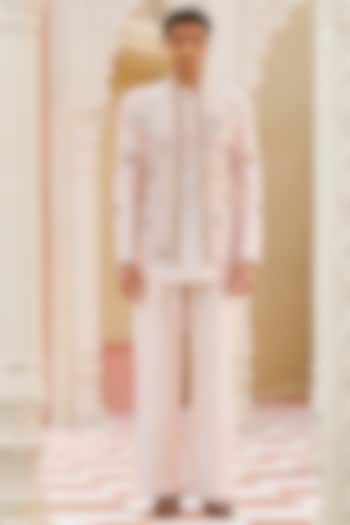 Blush Pink Pure Raw Silk Hand Embroidered Bandhgala Jacket Set by Contrast By Parth at Pernia's Pop Up Shop