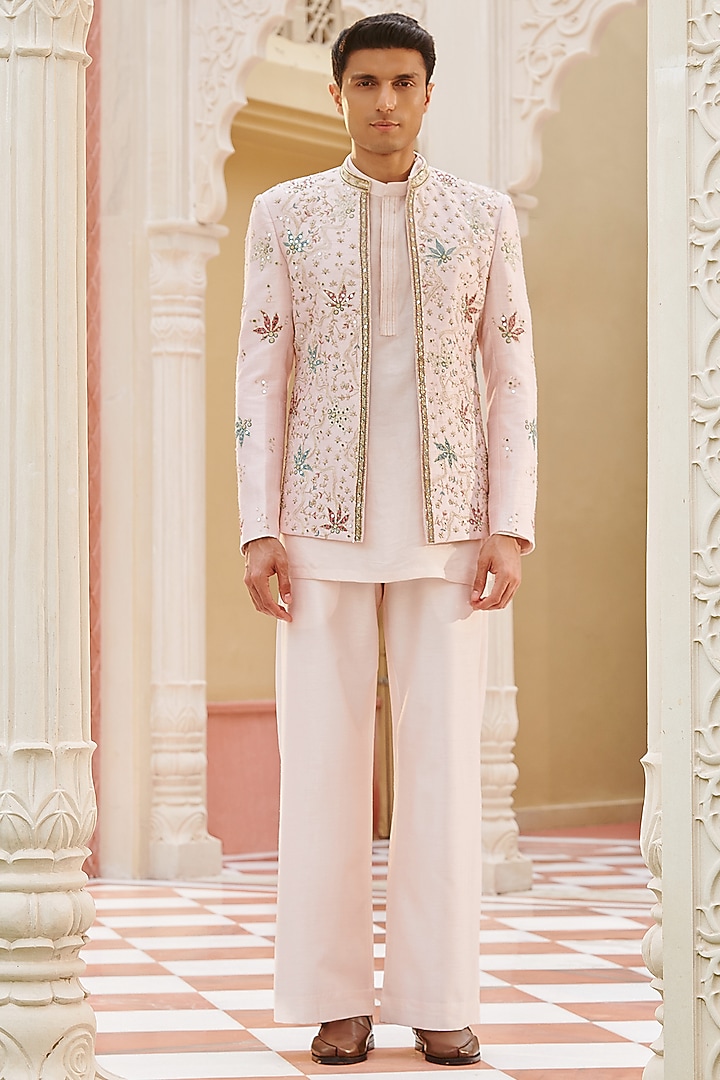 Blush Pink Pure Raw Silk Hand Embroidered Bandhgala Jacket Set by Contrast By Parth at Pernia's Pop Up Shop
