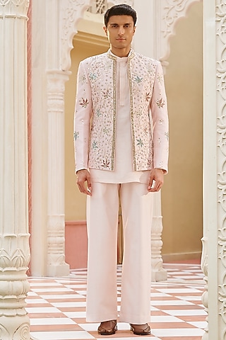 Blush Pink Pure Raw Silk Hand Embroidered Bandhgala Jacket Set by Contrast By Parth