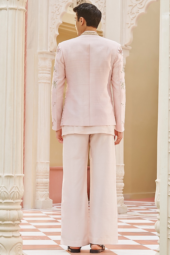 Blush Pink Pure Raw Silk Hand Embroidered Bandhgala Jacket Set by Contrast By Parth at Pernia's Pop Up Shop