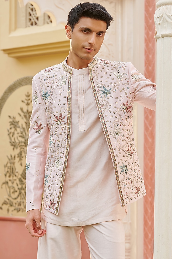 Blush Pink Pure Raw Silk Hand Embroidered Bandhgala Jacket Set by Contrast By Parth at Pernia's Pop Up Shop