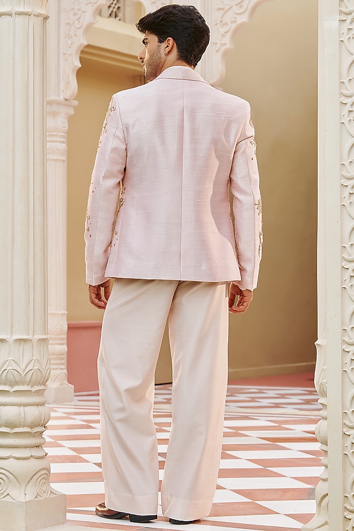 Pastel Pink Pure Raw Silk Floral Embroidered Jacket Set by Contrast By Parth at Pernia's Pop Up Shop