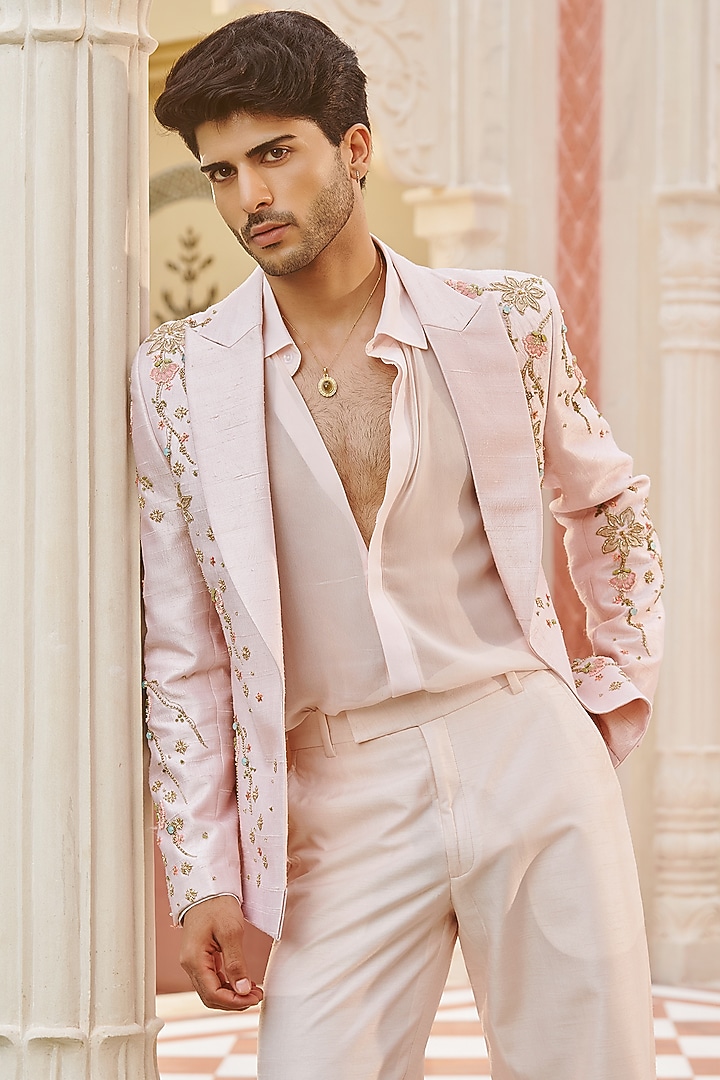Pastel Pink Pure Raw Silk Floral Embroidered Jacket Set by Contrast By Parth at Pernia's Pop Up Shop