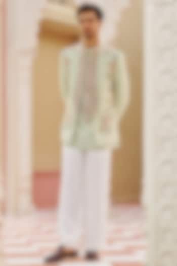 Mint Green Pure Bhagalpuri Silk Floral Embroidered Bandhgala Jacket Set by Contrast By Parth at Pernia's Pop Up Shop