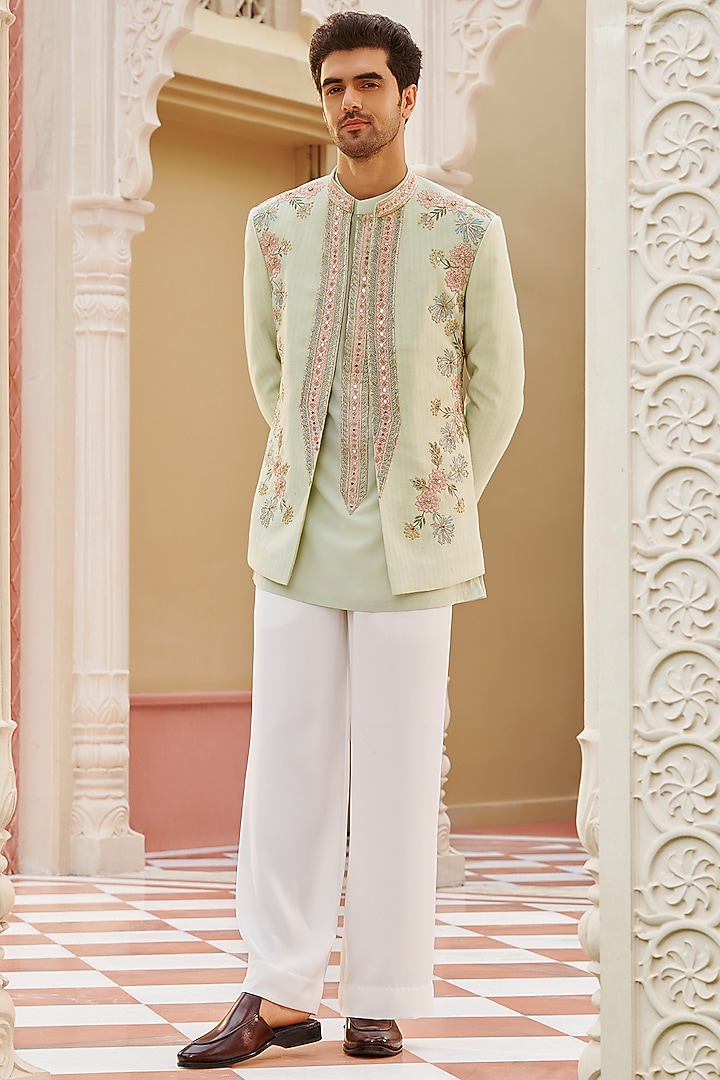Mint Green Pure Bhagalpuri Silk Floral Embroidered Bandhgala Jacket Set by Contrast By Parth at Pernia's Pop Up Shop