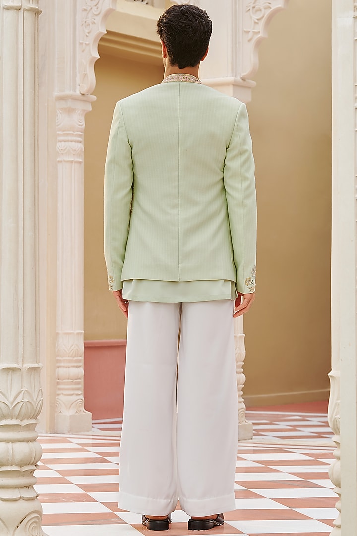 Mint Green Pure Bhagalpuri Silk Floral Embroidered Bandhgala Jacket Set by Contrast By Parth at Pernia's Pop Up Shop