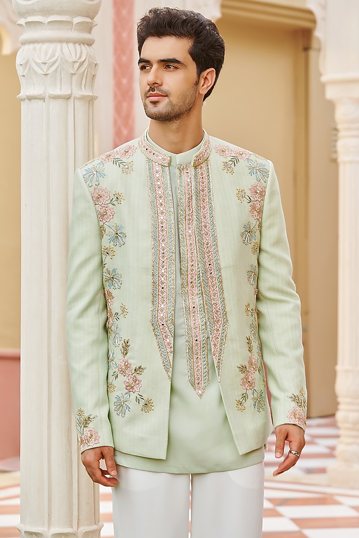 Mint Green Pure Bhagalpuri Silk Floral Embroidered Bandhgala Jacket Set by Contrast By Parth at Pernia's Pop Up Shop