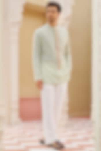 Mint Green Tokyo Silk Hand & Machine Embroidered Kurta Set by Contrast By Parth at Pernia's Pop Up Shop