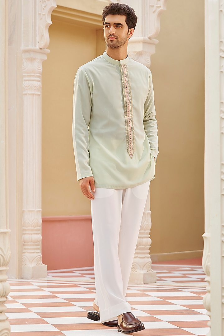 Mint Green Tokyo Silk Hand & Machine Embroidered Kurta Set by Contrast By Parth at Pernia's Pop Up Shop