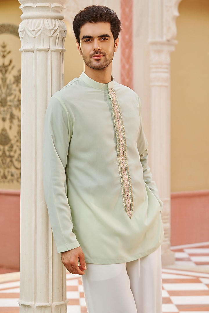 Mint Green Tokyo Silk Hand & Machine Embroidered Kurta Set by Contrast By Parth at Pernia's Pop Up Shop