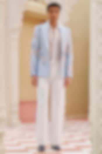Powder Blue Pure Raw Silk Hand & Machine Blazer Set by Contrast By Parth