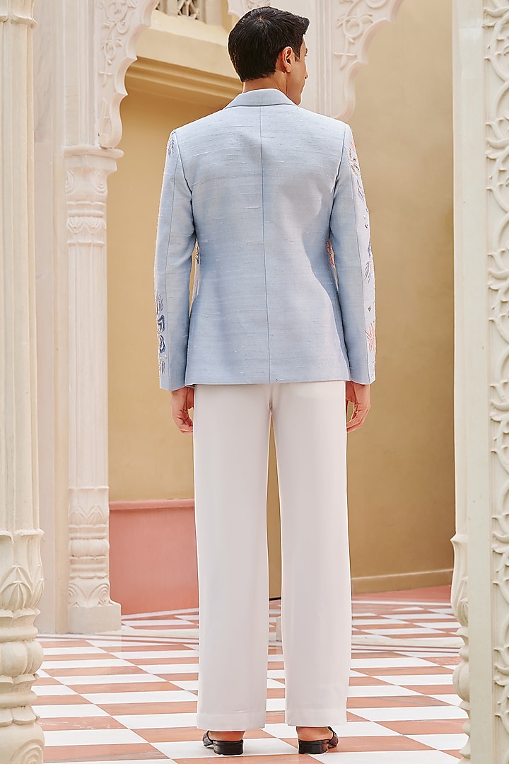 Powder Blue Pure Raw Silk Hand & Machine Blazer Set by Contrast By Parth at Pernia's Pop Up Shop