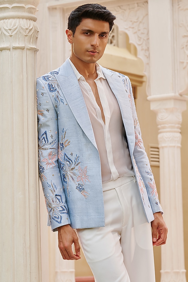 Powder Blue Pure Raw Silk Hand & Machine Blazer Set by Contrast By Parth at Pernia's Pop Up Shop