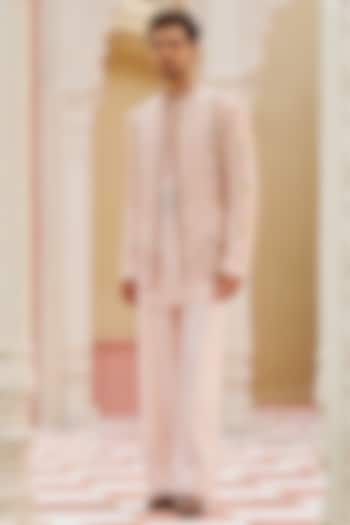 Pastel Pink Pure Bhagalpuri Silk Floral Embroidered Wedding Bandhgala Jacket Set by Contrast By Parth at Pernia's Pop Up Shop