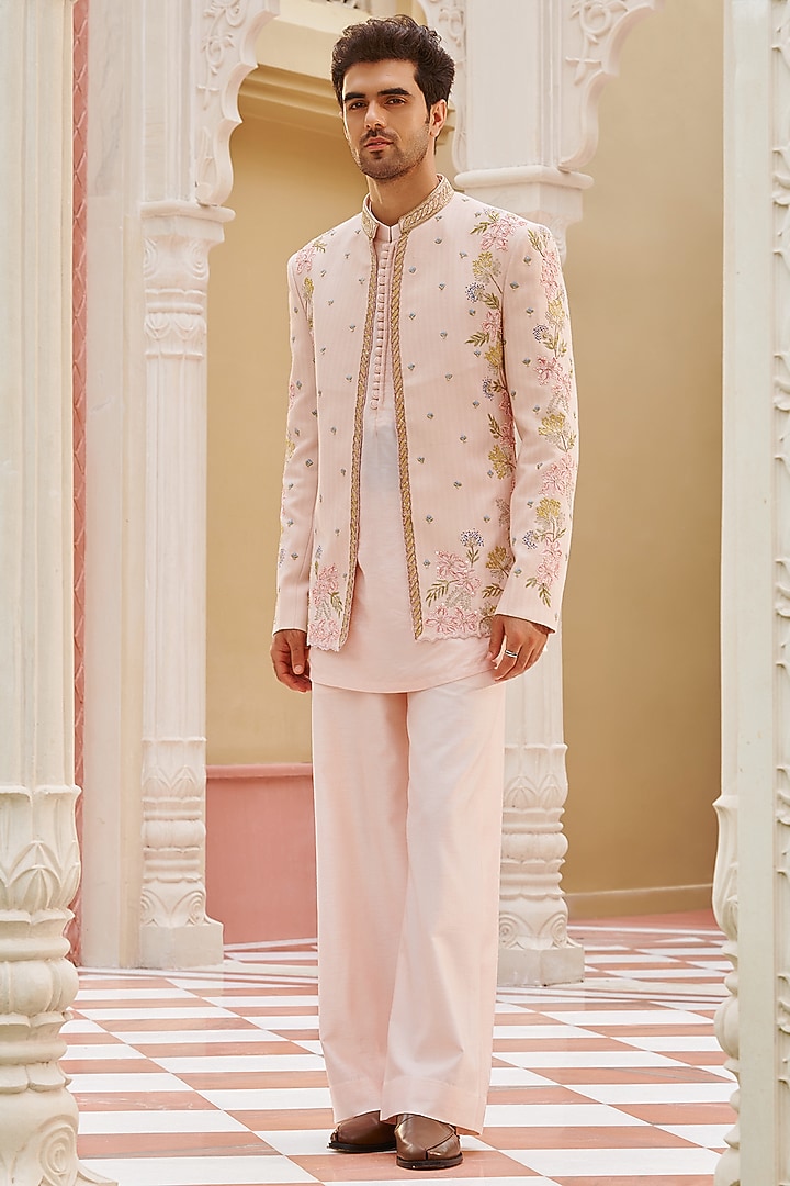 Pastel Pink Pure Bhagalpuri Silk Floral Embroidered Wedding Bandhgala Jacket Set by Contrast By Parth at Pernia's Pop Up Shop