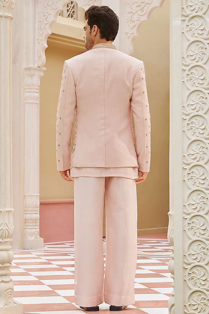 Pastel Pink Pure Bhagalpuri Silk Floral Embroidered Wedding Bandhgala Jacket Set by Contrast By Parth at Pernia's Pop Up Shop
