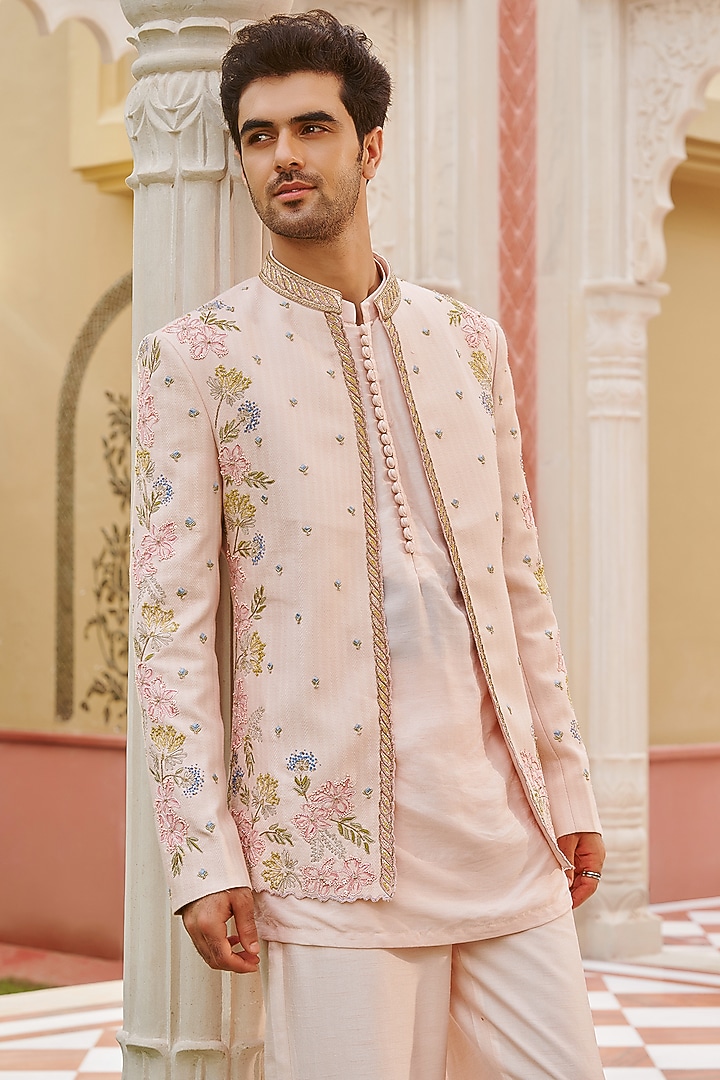 Pastel Pink Pure Bhagalpuri Silk Floral Embroidered Wedding Bandhgala Jacket Set by Contrast By Parth at Pernia's Pop Up Shop