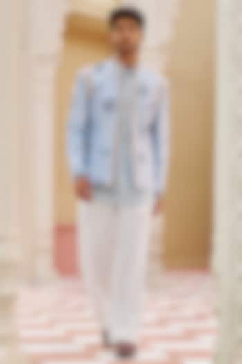 Powder Blue Pure Raw Silk Floral Embroidered Wedding Bandhgala Jacket Set by Contrast By Parth at Pernia's Pop Up Shop