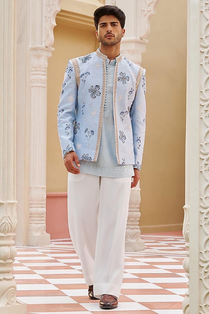 Powder Blue Pure Raw Silk Floral Embroidered Wedding Bandhgala Jacket Set by Contrast By Parth at Pernia's Pop Up Shop
