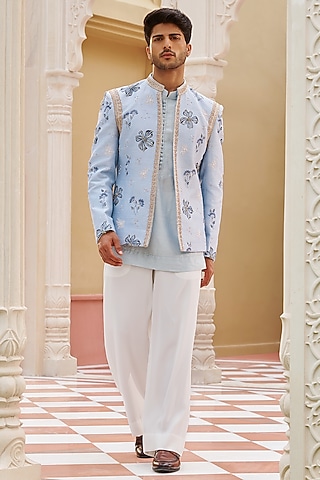 Powder Blue Pure Raw Silk Floral Embroidered Bandhgala Jacket Set by Contrast By Parth