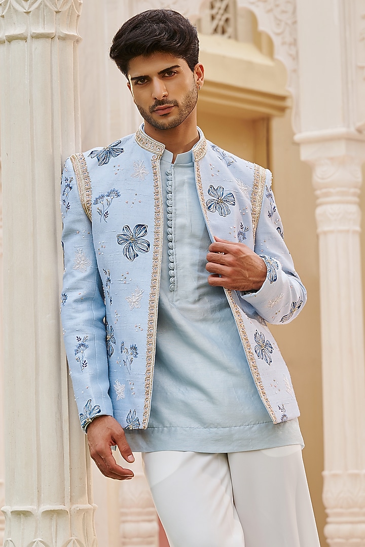 Powder Blue Pure Raw Silk Floral Embroidered Wedding Bandhgala Jacket Set by Contrast By Parth at Pernia's Pop Up Shop