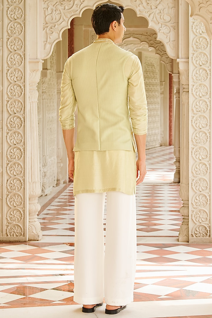 Pastel Green Pure Bhagalpuri Silk Embroidered Nehru Jacket Set by Contrast By Parth at Pernia's Pop Up Shop