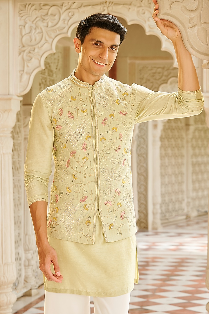 Pastel Green Pure Bhagalpuri Silk Embroidered Nehru Jacket Set by Contrast By Parth at Pernia's Pop Up Shop