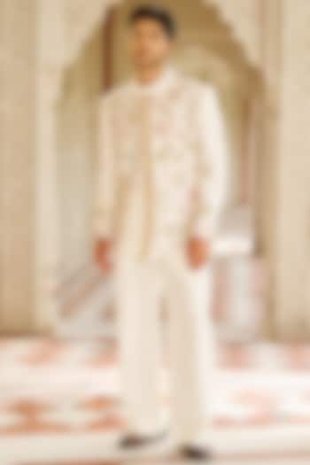 Ivory Pure Raw Silk Embroidered Bandhgala Jacket Set by Contrast By Parth