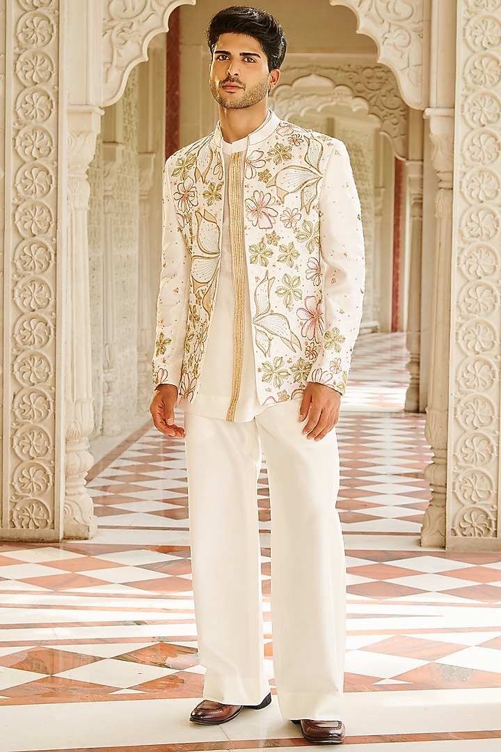 Ivory Pure Raw Silk Embroidered Bandhgala Jacket Set by Contrast By Parth
