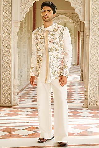 Ivory Pure Raw Silk Embroidered Bandhgala Jacket Set by Contrast By Parth