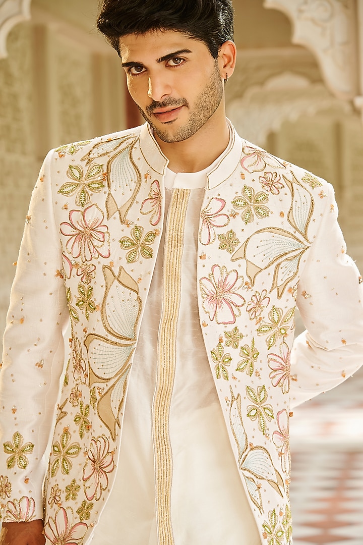Ivory Pure Raw Silk Embroidered Bandhgala Jacket Set by Contrast By Parth at Pernia's Pop Up Shop