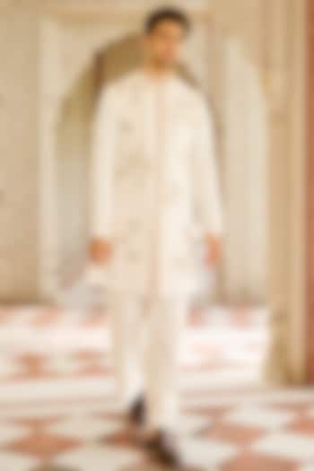 Cream Twill Suiting Hand & Machine Embroidered Sherwani Set by Contrast By Parth
