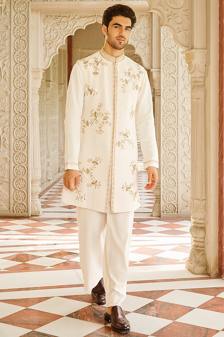 Cream Twill Suiting Hand & Machine Embroidered Sherwani Set by Contrast By Parth