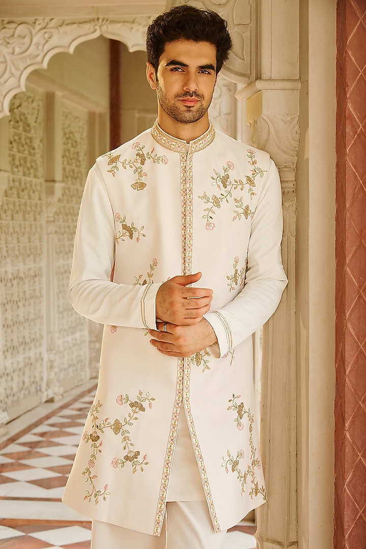 Cream Twill Suiting Hand & Machine Embroidered Wedding Sherwani Set by Contrast By Parth at Pernia's Pop Up Shop