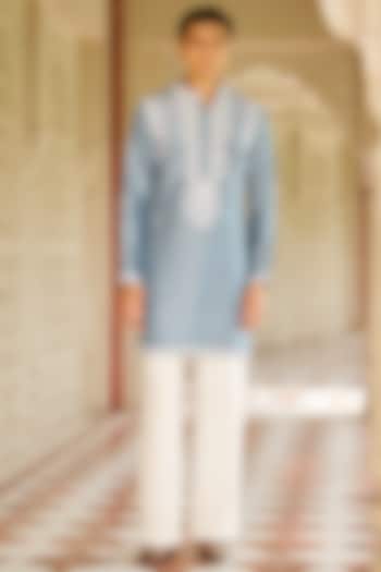Denim Blue Slub Silk Embroidered Kurta Set by Contrast By Parth