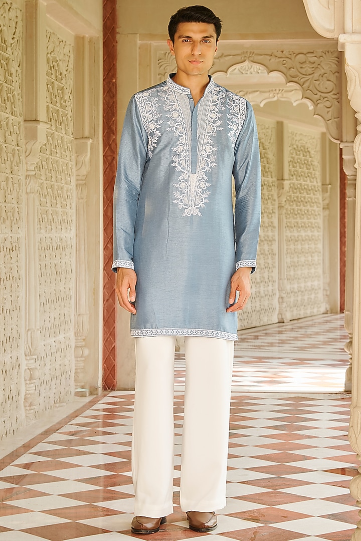 Denim Blue Slub Silk Embroidered Kurta Set by Contrast By Parth