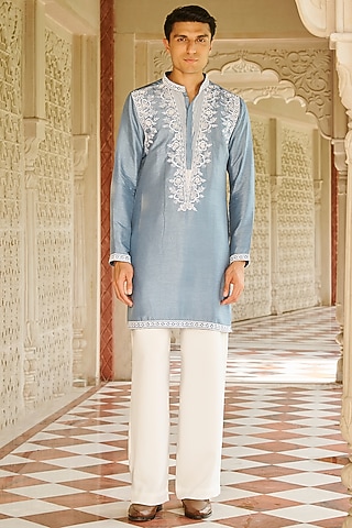 Denim Blue Slub Silk Embroidered Kurta Set by Contrast By Parth
