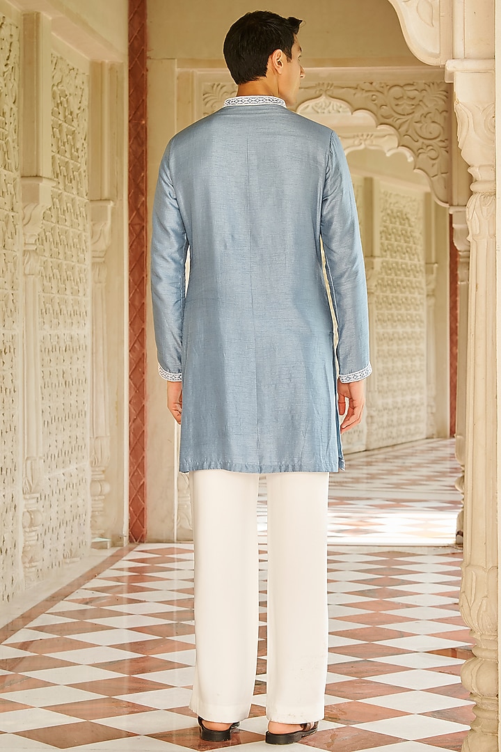 Denim Blue Slub Silk Embroidered Kurta Set by Contrast By Parth at Pernia's Pop Up Shop
