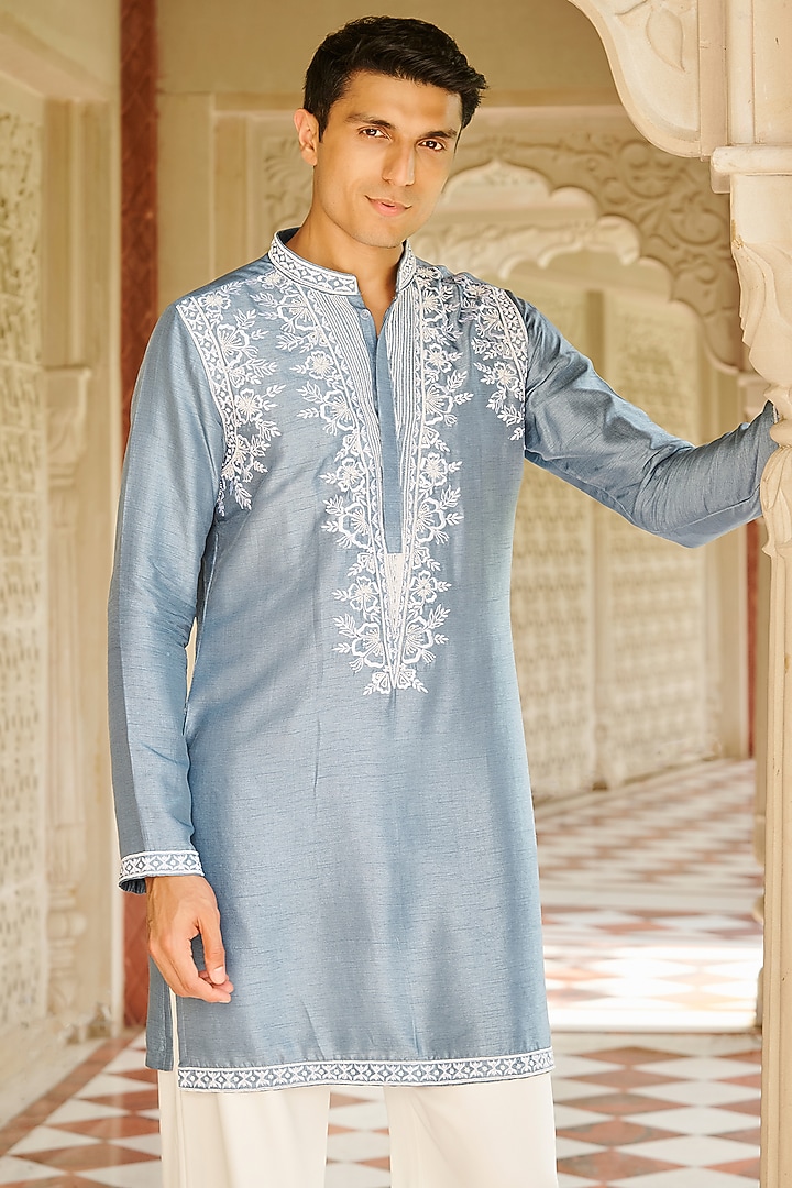 Denim Blue Slub Silk Embroidered Kurta Set by Contrast By Parth at Pernia's Pop Up Shop