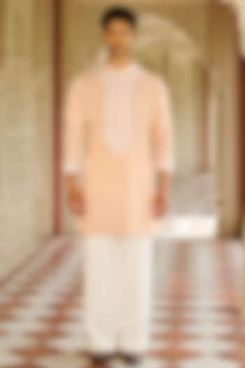 Light Peach Slub Silk Embroidered Kurta Set by Contrast By Parth