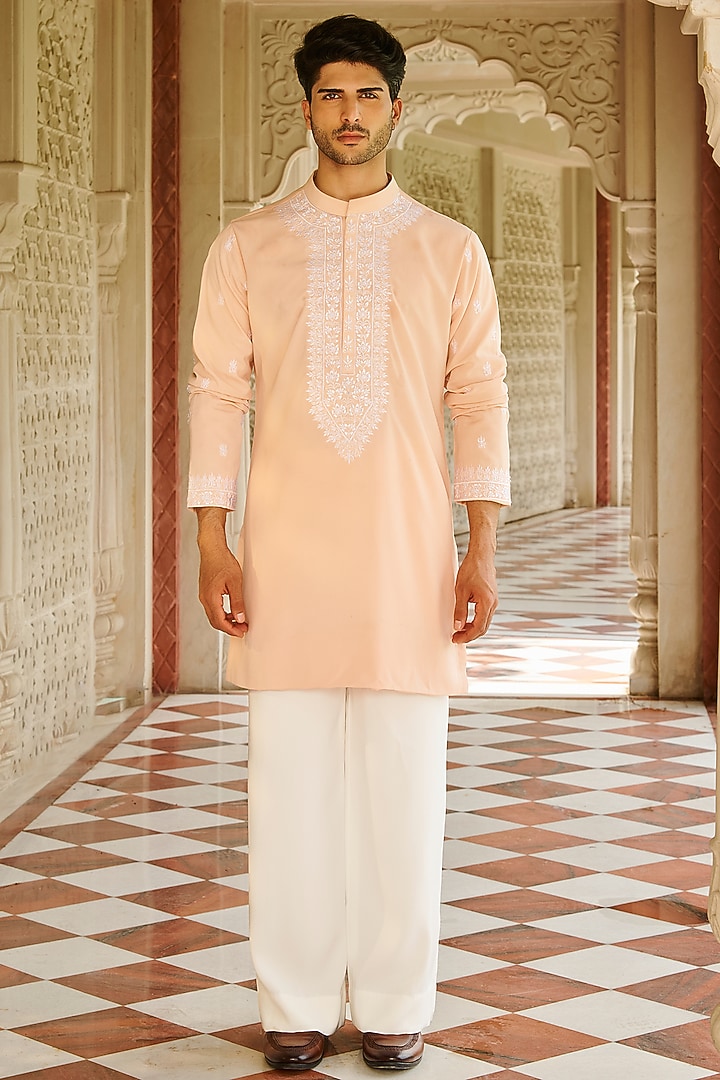 Light Peach Slub Silk Embroidered Kurta Set by Contrast By Parth