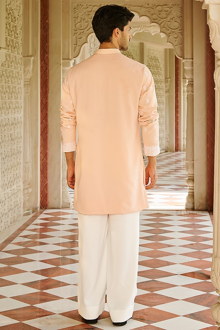 Light Peach Slub Silk Embroidered Kurta Set by Contrast By Parth at Pernia's Pop Up Shop
