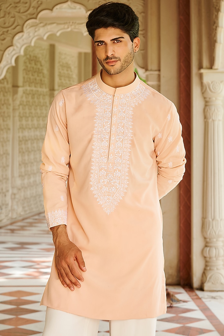 Light Peach Slub Silk Embroidered Kurta Set by Contrast By Parth at Pernia's Pop Up Shop