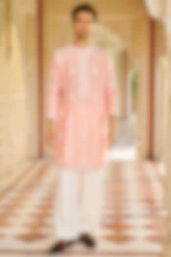 Light Pink Slub Silk Floral Embroidered Kurta Set by Contrast By Parth