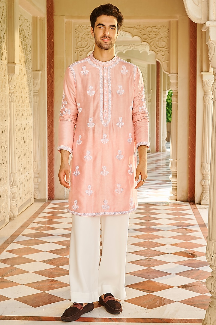 Light Pink Slub Silk Floral Embroidered Kurta Set by Contrast By Parth