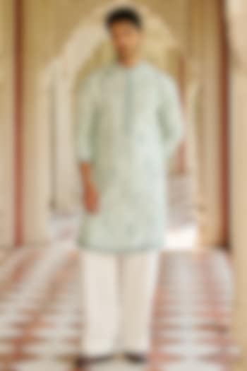 Pale Green Slub Silk Floral Embroidered Kurta Set by Contrast By Parth
