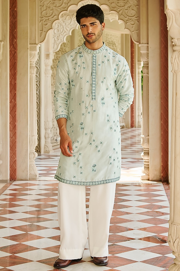 Pale Green Slub Silk Floral Embroidered Kurta Set by Contrast By Parth