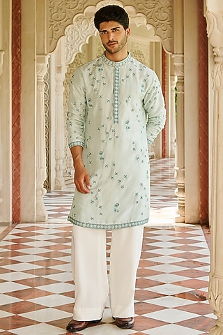 Pale Green Slub Silk Floral Embroidered Kurta Set by Contrast By Parth